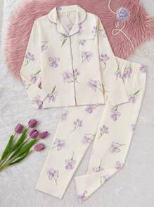 2pcs/Set Teens Girls' Apricot Background Bow Printed Long Sleeve Cardigan & Pants Casual Comfortable Loungewear - Apricot - View 4