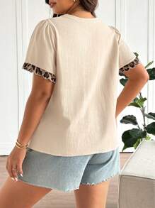 SHEIN Frenchy Plus Size Summer Casual Versatile Leopard Print Patchwork V-Neck Blouse For Women