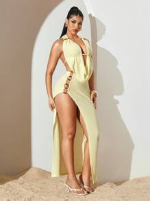 Sirith 2pcs Women Set: Solid Color Halter Top & High Slit Skirt, Fashionable For Summer - Yellow - View 5