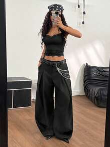 Coolane 女士夏季街头服饰嬉皮学院风商务休闲街头服饰复古宽松灯笼裤，机场装，毕业装 - 黑色 - 查看 7