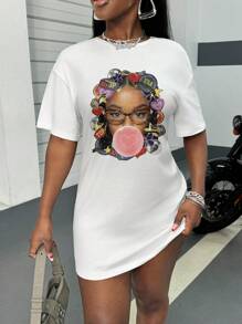 Slaydiva Oversized Graphic Tee Dress With Bubble Blowing Woman Portrait Illustration, Retro Hip Hop Style,Suitable For Summer - White - View 8
