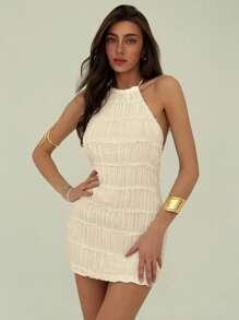 Aloruh Vestido mini romántico con espalda descubierta, textura arrugada, cuello halter, ajuste sexy para playa, fiesta, primavera/verano - Albaricoque - Ver 3