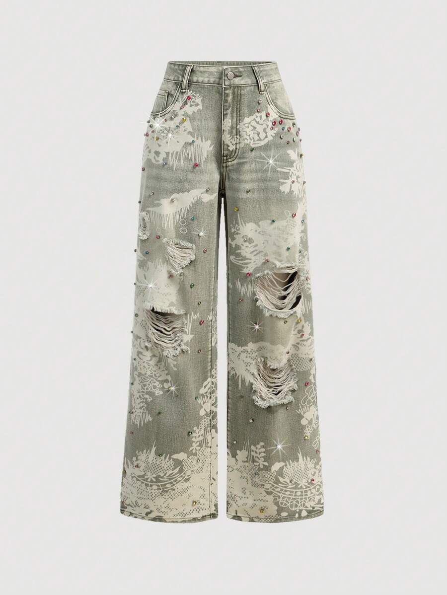 SHEIN MOD Women's Loose Fit Distressed Frayed Edge Pocket Denim Jeans - Brown - View 1