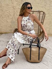 SHEIN Frenchy Bộ đồ liền thân không tay cổ yếm in họa tiết toàn thân cho nữ - Nhiều màu - Xem 6