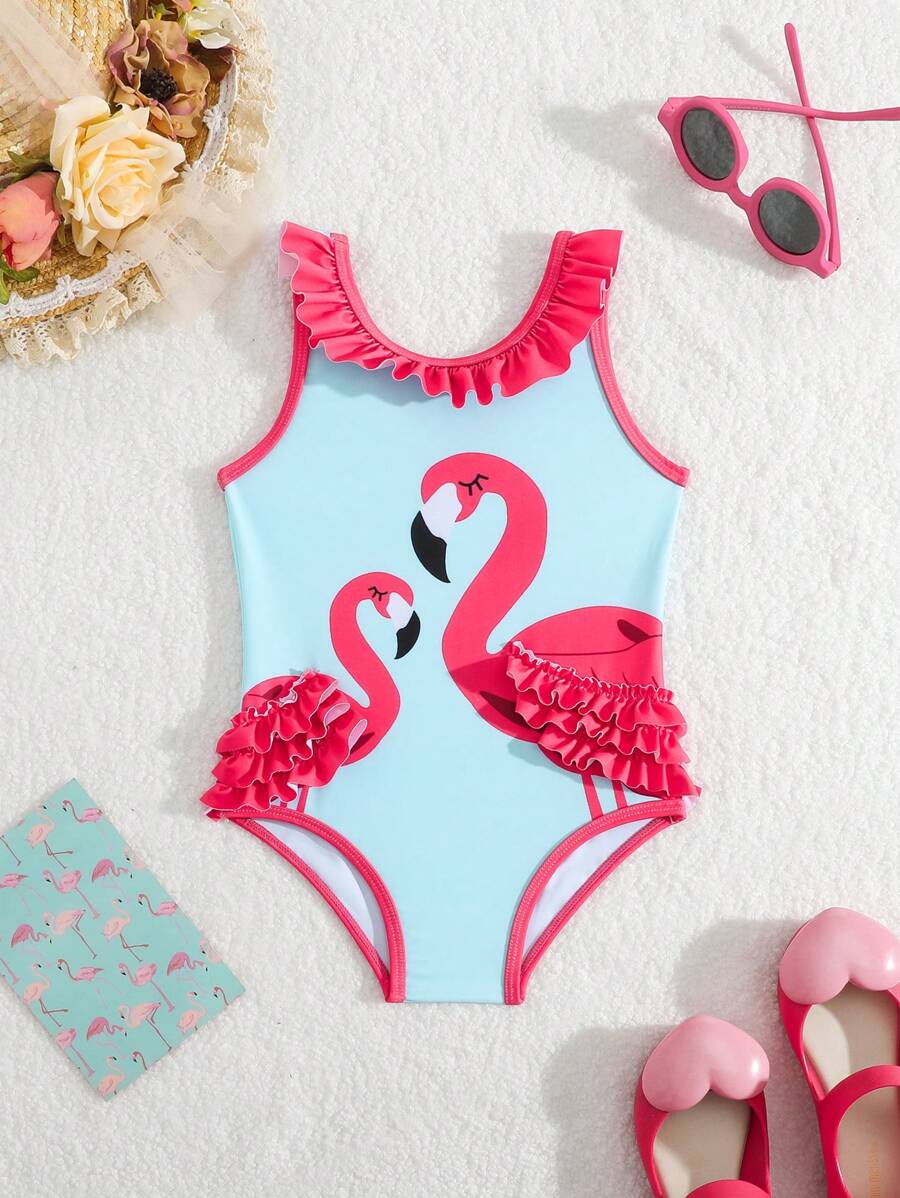 Baby Girl Ruffled Flamingo Print One-Piece Swimsuit, Holiday Beach - Multicolor - View 1