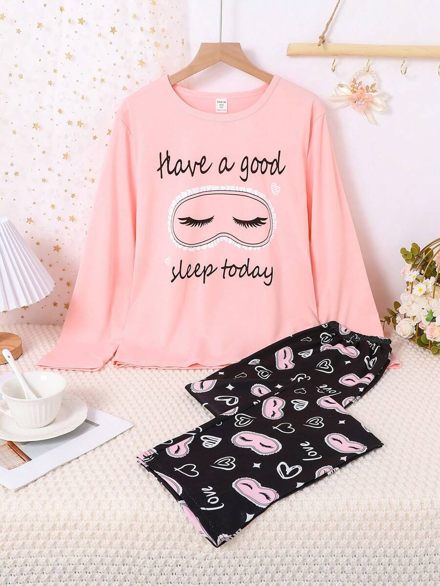 Genkimix Kids Tween Girl Stylish Pink Eyelash Print Long Sleeve Top And Pants 2 Pieces Pajama Set, Comfortable Home Outfit