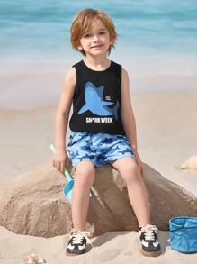 Shark Week X SHEIN Young Boy Cartoon Shark Print Black Tank Top & Ocean Blue Shorts 2 Pieces Set - Multicolor - View 5
