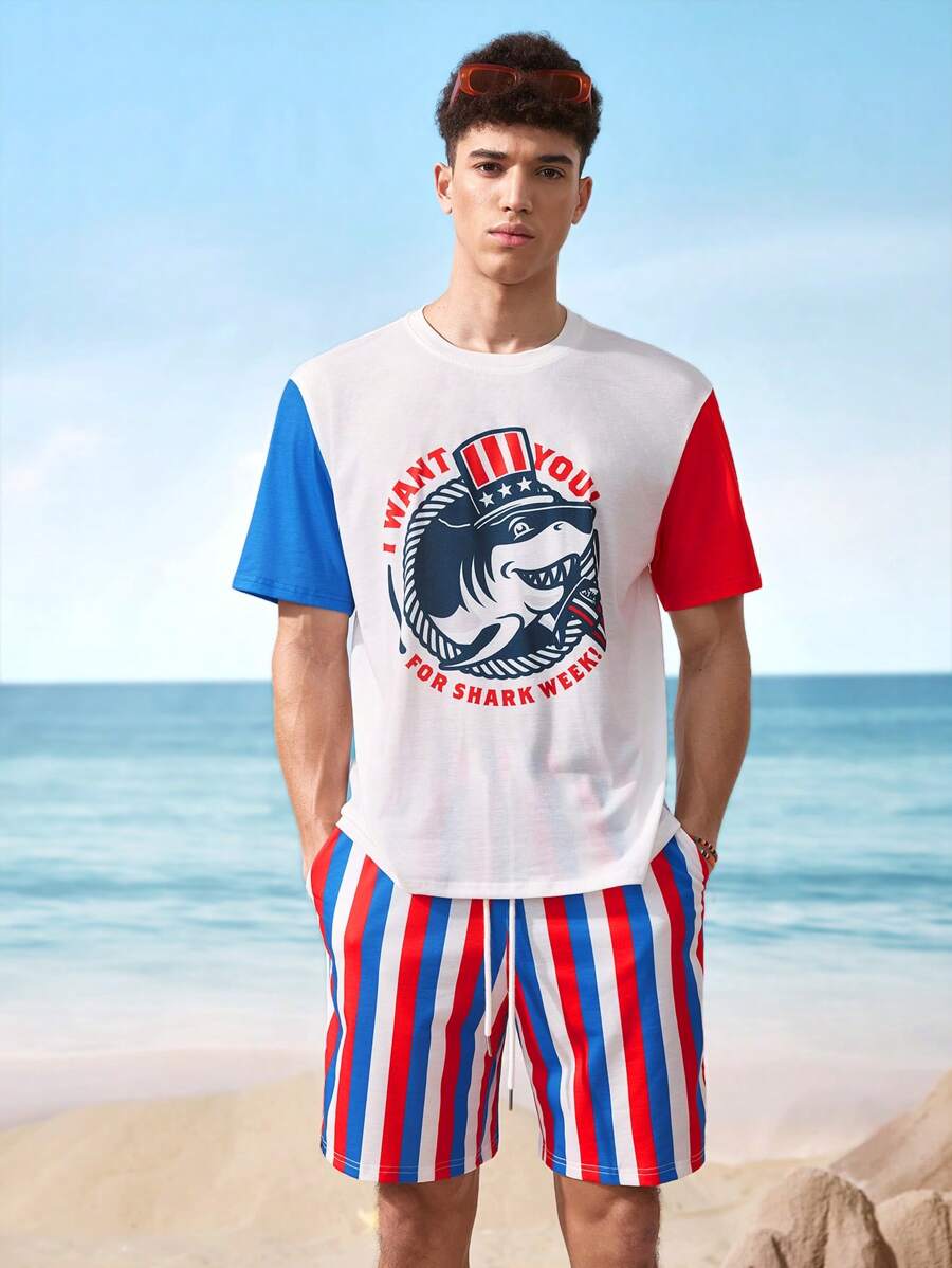 Shark Week X SHEIN Men's Colorblock Letter Print Round Neck Short Sleeve T-Shirt And Striped Print Shorts 2 Pieces Set - Multicolor - View 1