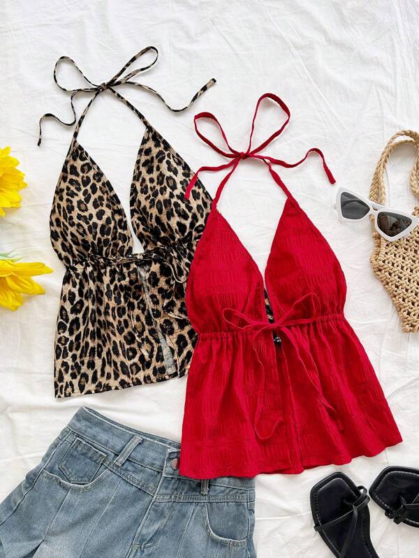 Soleia Set de 2 piezas Camiseta de tirantes con estampado de leopardo sexy para vacaciones, Blusa de cuello en V y espalda descubierta de tela texturizada roja para citas, té por la tarde, vacaciones, festivales de música, estilo bohemio