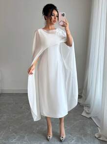 Calvaya Elegant Solid Color 3D Floral Decor Shawl Dress
