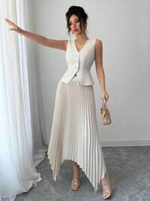 Elenzga Robe élégante et décontractée de style européen, à encolure en V, volant à la taille et ourlet asymétrique en forme de A. Tissu confortable adapté aux usages quotidiens, domicile-travail et polyvalents - Nude - Voir 5