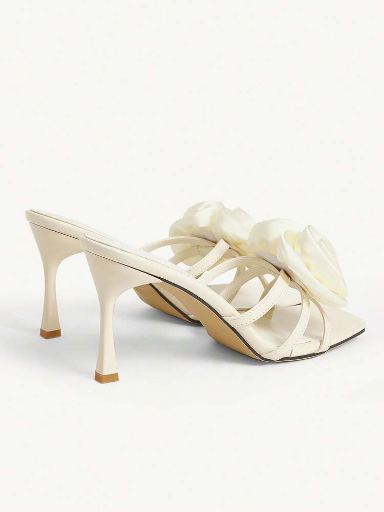 CUCCOO CHICEST Women's Rose Strap Square Toe Stiletto High Heel Sandals, Elegant Romantic Sweet Cream Color Party Evening Wedding Formal Dress Shoes