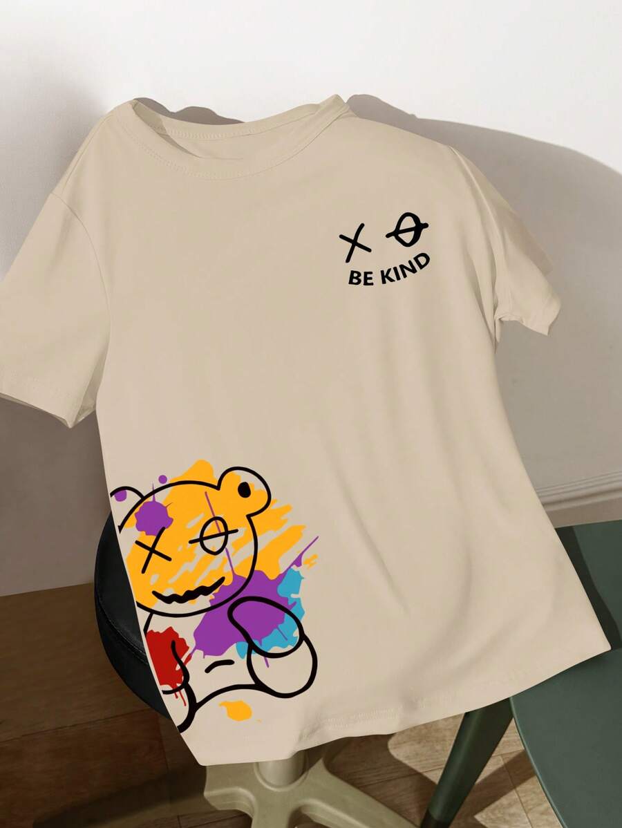 Chiquease 可爱熊数码印花女士休闲短袖 T 恤，舒适百搭，适合日常穿着 - 卡其色 - 查看 1