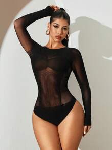Sirith Women's Hollow Out Mesh Round Neck Long Sleeve Sexy Bodysuit