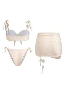 Swim Mod Plus Size Women 3pcs Set Solid Color Sweet Cute Apricot Strappy Flower Decor Bikini Crop Top, Drawstring Tie-Up Mini Skirt, Beach Holiday Swimwear, For Summer Vacation