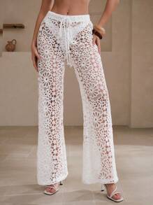 Swim Chiccia Elegant Resort Lace Crochet-Look Swimsuit Cover Up For Summer Beach Vacation - White - View 5
