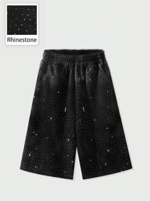 ROMWE MEN Casual Men's Avant Elastic Waist Loose Rhinestone Washed Baggy Cropped Sweatpants, For Rave - Black - View 1