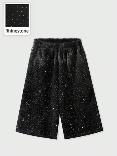 Pantalón de chándal corto holgado, con cintura elástica, lavado con efecto desgastado y decorado con rhinestones para hombre, para rave
