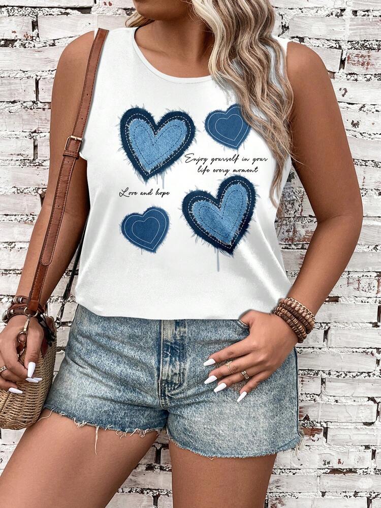Plus Size Women Round Neck White Slogan & Heart Print Casual Tunic Tops,Suitable For Summer,Vacation,Simple And Fashionable For Everyday Wear