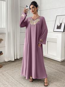 Yasmyna 女士阿拉伯风格长袖连衣裙，夏季时尚，端庄大方 - 藕粉色 - 查看 5