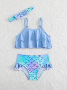 Girls Swimsuit Set, Scaly Print Design With Bow Accessory - Multicolor - View 5