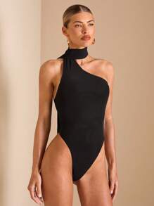 SHEIN BAE Solid Color Black Elegant Asymmetrical Neck Slim Tight Ruched Mesh Bodysuit For Women, Vacation Bodysuit, Music Festival Outfit, Minimalist Sophisticated Bodysuit - Black - View 3