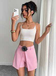 Elenzga Women's 3D Flower Decorated Waistband Solid Color Casual Elegant Shorts, Summer