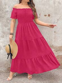 SHEIN Clasi 优雅通勤复古简约休闲女式时尚百搭热销连衣裙，纹理面料饰有荷叶边和蝴蝶结设计，松紧腰身，黑色加大码 - 玫紅色 - 查看 3