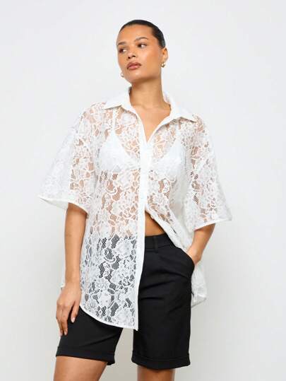 AiiRZ Camisa holgada de encaje con botones y mangas llamativas, ideal como cubridor de playa, para festivales bohemios, fiestas y bodas