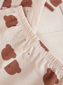 Girls Cute Rabbit Print Short Sleeve Cardigan & Long Pants 2pcs Casual Comfy Homewear Set - Apricot - View 5