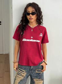 Coolane Lễ hội âm nhạc hòa nhạc mùa hè dành cho nữ Streetwear Vintage Graphic Burgundy Fitted Tees - Màu Đỏ Sâu - Xem 4