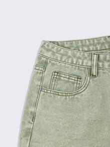 SHEIN EZwear 女式口袋做旧下摆休闲百搭牛仔短裤 - 綠色 - 查看 4