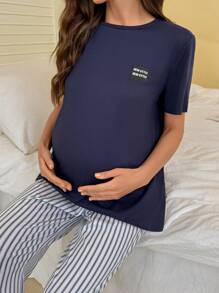 Moonlight&Mama Casual Solid Color Bead Decor Top & Striped Print Pants Maternity Pajama Sets - Navy Blue - View 4