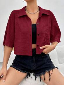 SHEIN EZwear Summer Drop Shoulder Pocket Patched Shirt Without Cami Top Red - Burgundy - View 5