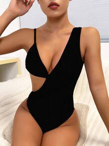 Swim SXY Solid Color Cutout Monokini Swimsuit, Sexy For Vacation & Beach For Summer - Black - View 3