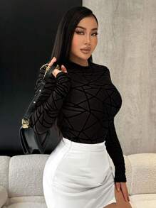 SHEIN SXY 大码女式植绒长袖紧身衣，适合夜店派对，秋冬季 - 黑色 - 查看 5