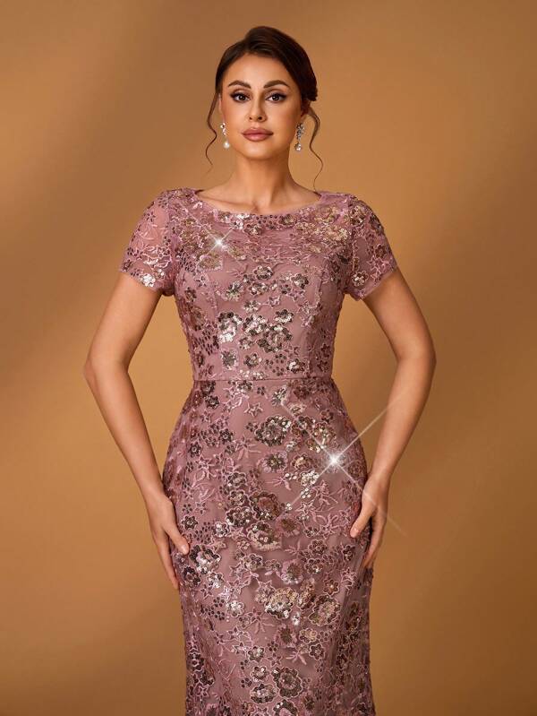 Serin Elegant & Luxury Pink Sequins Embroidery Round Neck Puff Sleeve A-Line Hem Dress, Suitable For Evening Party, Ball, Music Festival, Date, Vacation, Wedding, Bridal Mother Gown, Spring/Summer