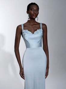 Elitara Elegante, romántico y sexy vestido de sirena azul de satén con decoración de encaje 3D floral, sin mangas, sin tirantes, hombros descubiertos y espalda descubierta, adecuado para fiestas de cumpleaños, eventos de boda y dama de honor