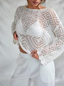 RueChic Femme Cache-col couleur unie à col rond et manches larges avec motif ajouré