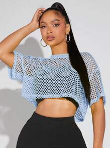 SHEIN SXY Damen Mesh einfarbig Kurzarm Rundhals Modische Oberteile, geeignet für den Sommer