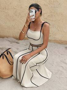 SHEIN Frenchy Bộ đồ hai mảnh màu mơ thường ngày dành cho nữ, áo hai dây và váy, mặc hàng ngày, đồ mặc đi làm, trang phục mùa hè cho nữ, bộ đồ hai mảnh dành cho nữ, bộ đồ 2 mảnh, trang phục đi nghỉ cho nữ, trang phục đi biển cho nữ, bộ quần áo cho nữ, trang phục đi nghỉ trên đảo - Màu be - Xem 5