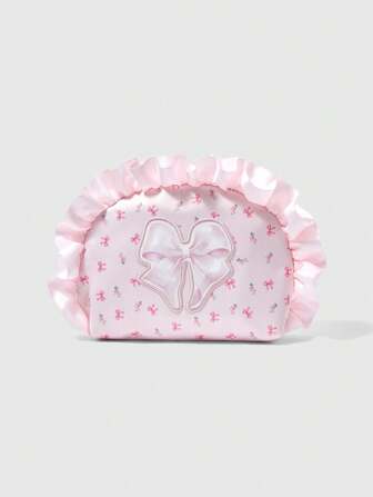 Kawaii Bolsa de maquillaje portátil de gran capacidad con bordado floral de encaje y mariposa, color rosa