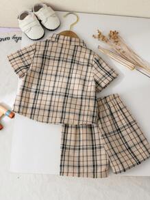 Souflis Souflis Baby Boy Vintage Brown-Black Plaid Short Sleeve Shirt And Shorts Set, Retro Minimalist Style, Suitable For And Summer
