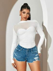 Sirith 1 件性感黑色网眼拼布不对称领口褶皱连体紧身衣女款