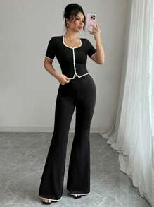 Elenzga Conjunto de 2 piezas para mujer con top elegante de botones delanteros y pantalones para uso casual y de oficina