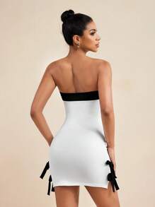 LUNA B White Black Contrast Color Bow Detail Strapless Mini Dress Women Sexy Summer Vacation Sundress Dresses For Women Elegant Women Mini Dresses