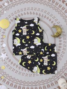 Set de 2 piezas de top sin mangas con estampado de oveja y pantalones cortos para niño pequeño, conjunto casual, lindo y cómodo para uso diario