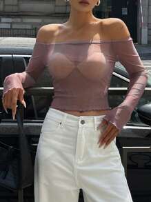 DAZY Women Off Shoulder Mesh Long Sleeve Fitted T-Shirt, Summer - Multicolor - View 3