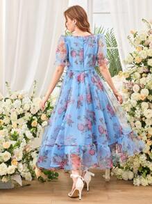 SHEIN Teen Girls' Floral Print Organza Swing Dress, Valentine's Day - Baby Blue - View 2