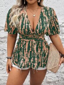 Franclia Women's Random Printed Deep V Plus Size Shirt Peplum Top